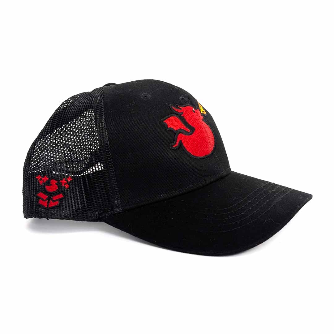 Youth Magical Ducks Finn the Red Dragon Duck Embroidered New Era Low-Profile Snapback Trucker Hat
