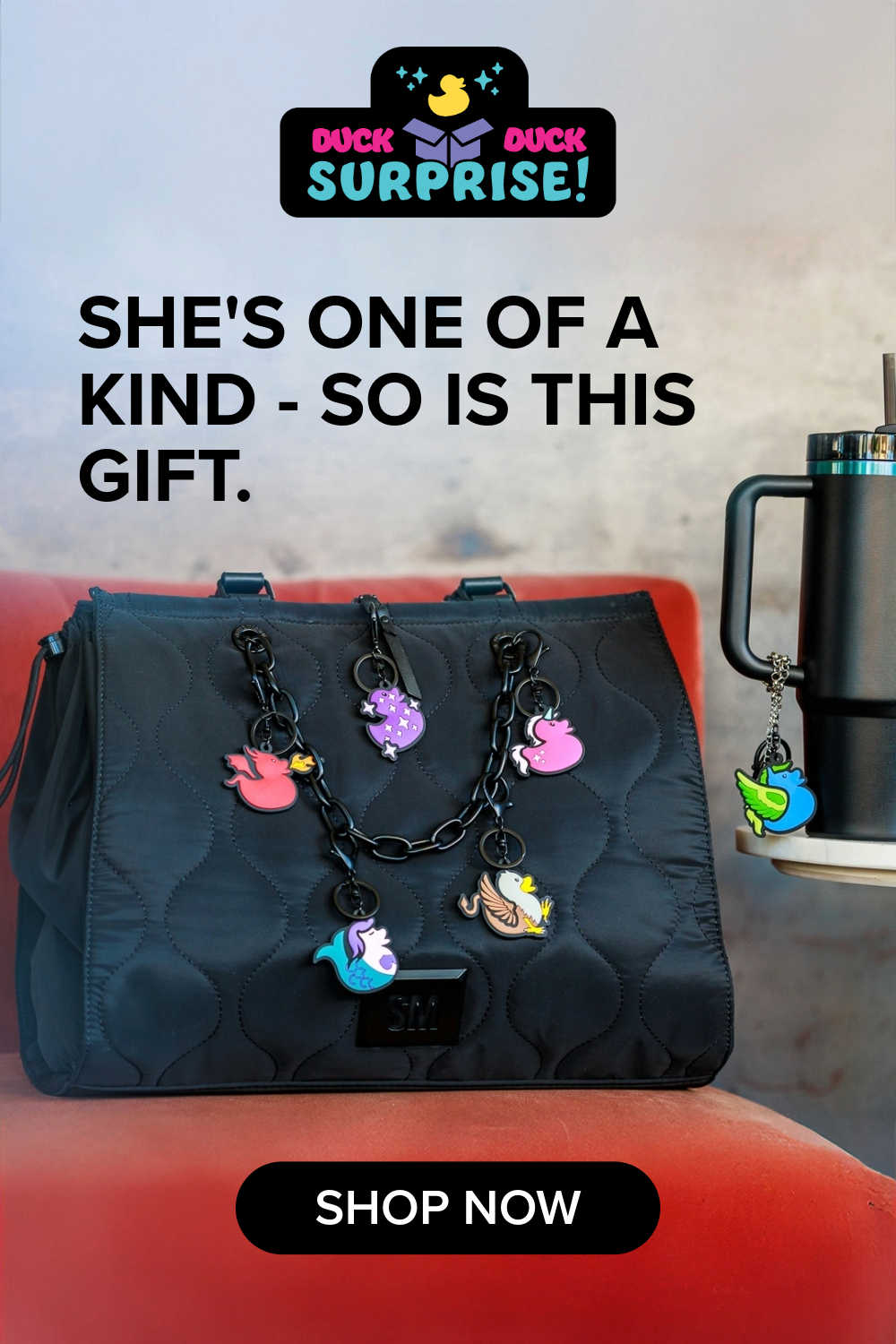 Duck Duck Surprise! Magical Ducks Rubber Duck Keychains Bag Charms Tote Bag Black Stanley Tumbler