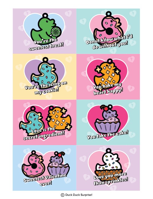 Duck Duck Surprise! Dessert Ducks Rubber Duck Printable Valentine's Day Trading Cards